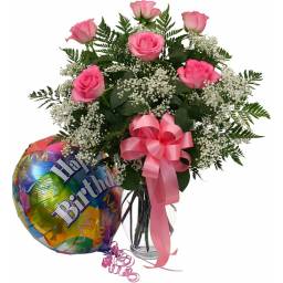 Florero con 6 rosas y globo Feliz Cumple